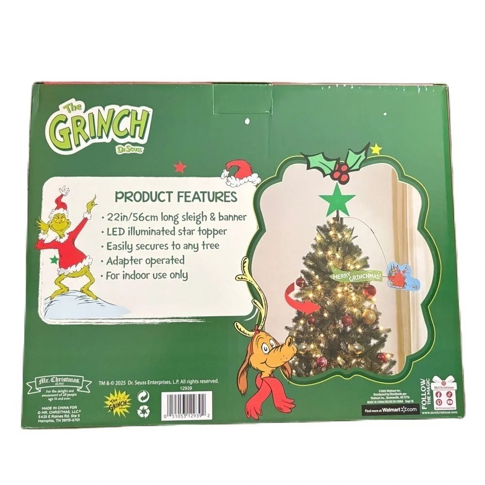 Dr. Seuss Grinch Animated Christmas Tree Topper NEW Holiday Decor Green Blue